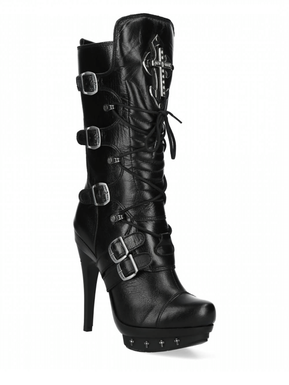 NEW ROCK Gothic Punk Black High-Heel Buckled Lace-Up Boots with striking details for edgy fashion enthusiasts.