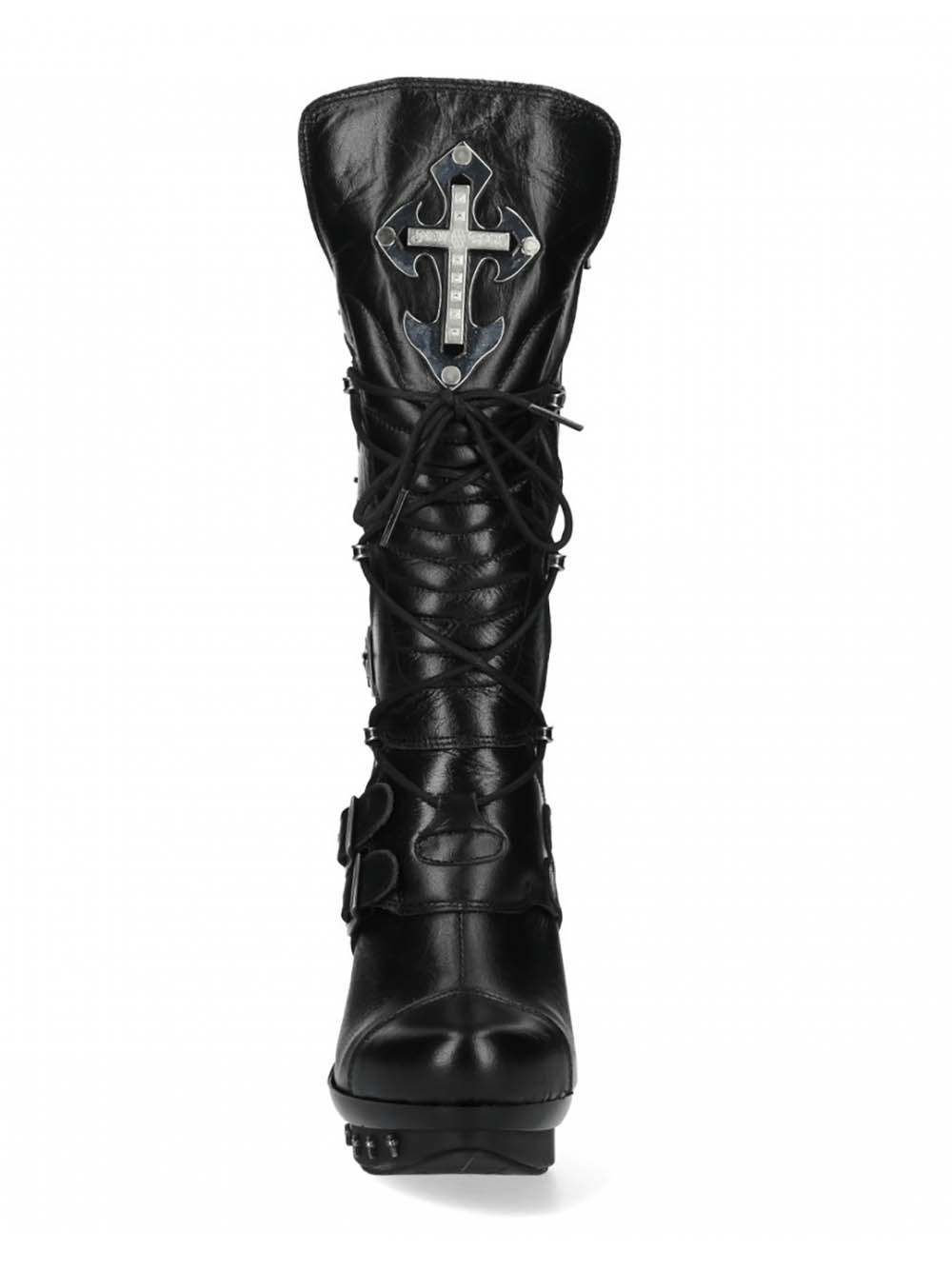 Stylish black high-heel Gothic punk boots with cross detail and lace-up design for edgy fashion enthusiasts.