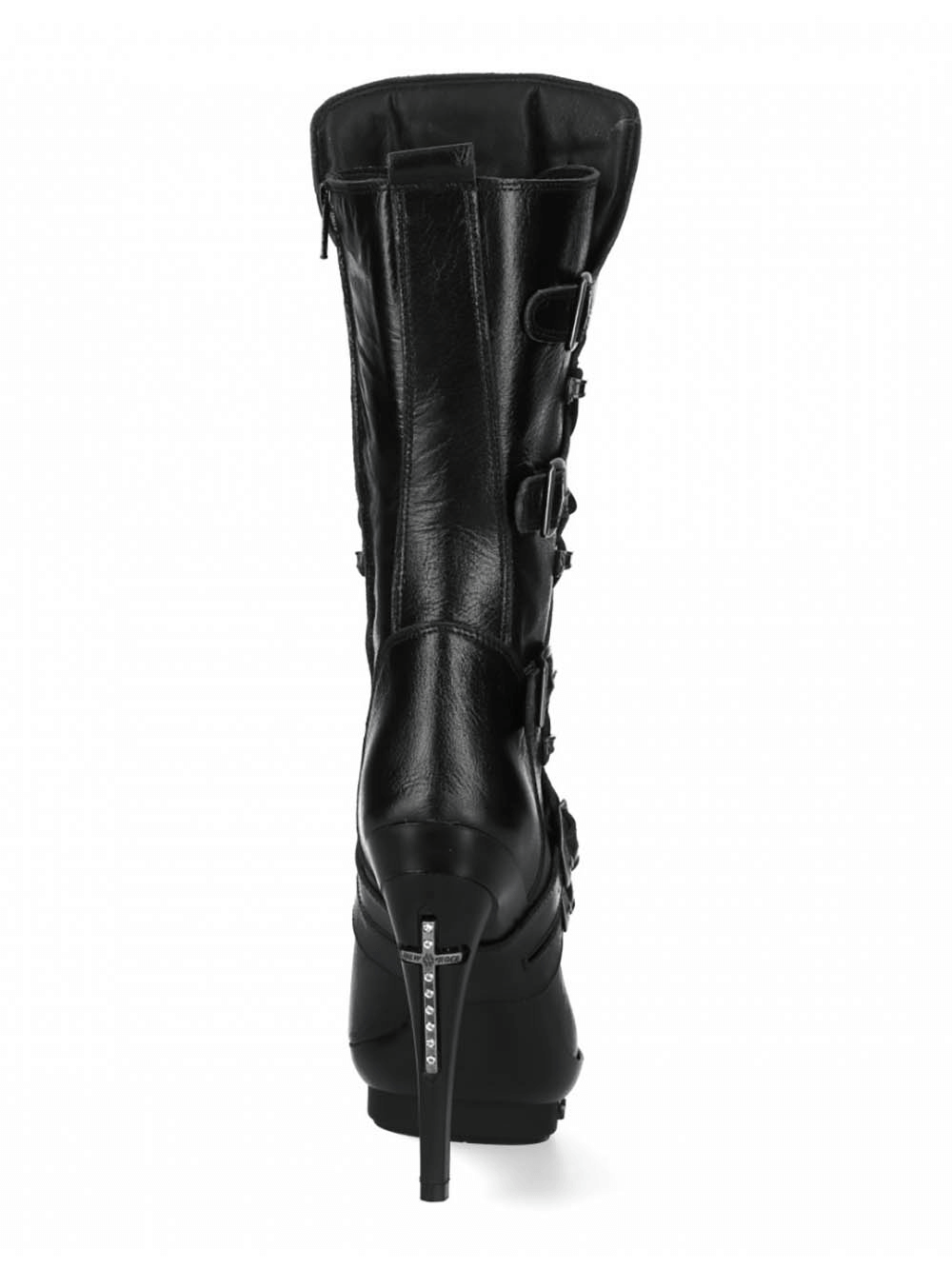 Back view of NEW ROCK Gothic Punk black high-heel buckle lace-up boots with cross detail.