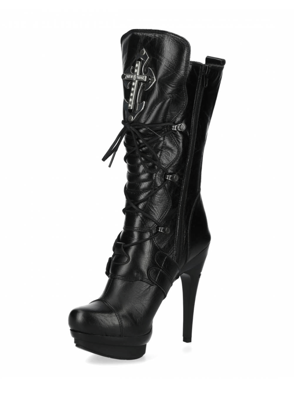 NEW ROCK Gothic Punk Black High-Heel Buckled Lace-Up Boots with cross detail and stylish lace-up design.