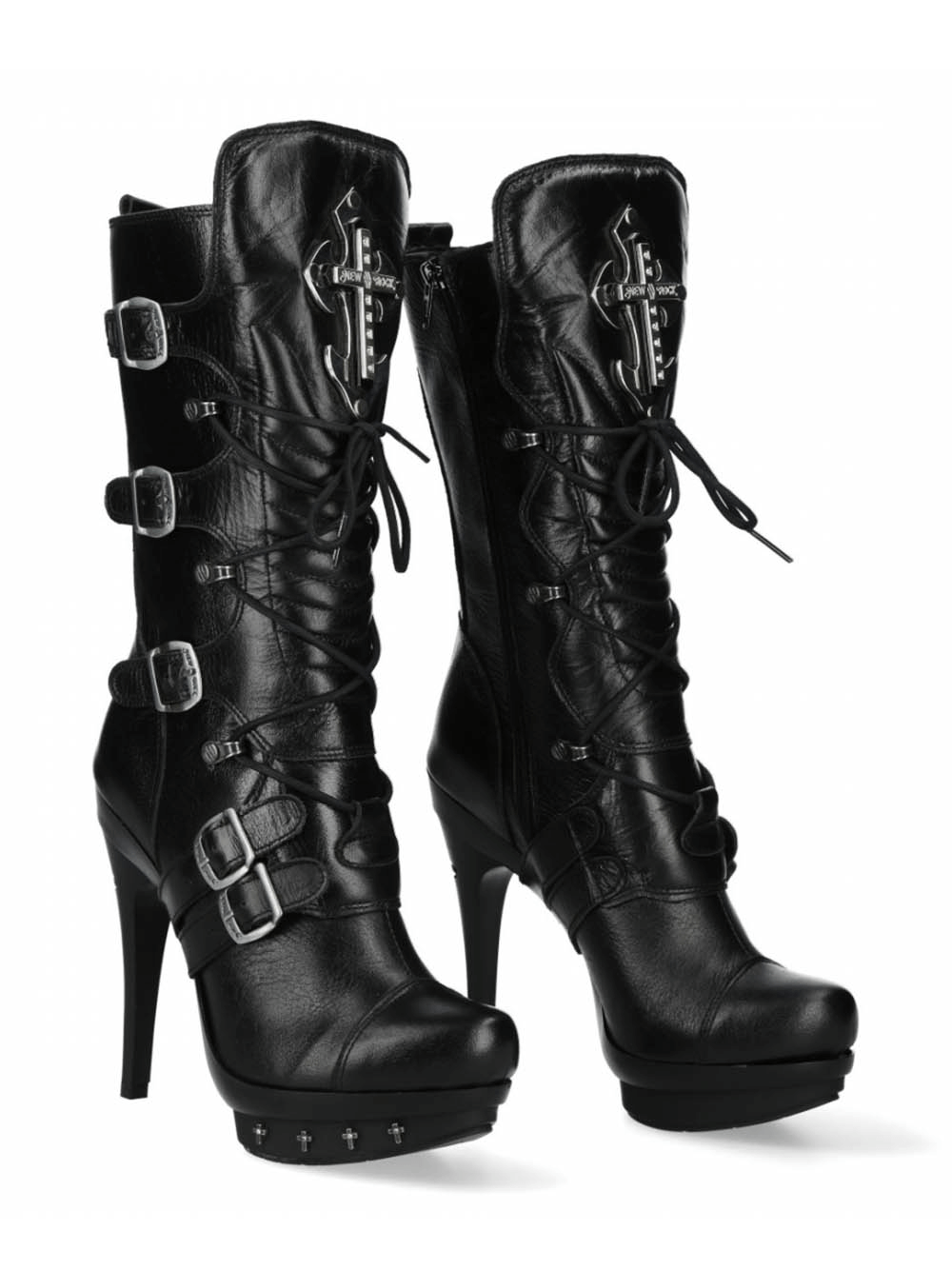 NEW ROCK Gothic Punk Black High-Heel Buckled Lace-Up Boots with striking buckles and lace details.