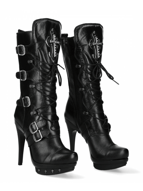 NEW ROCK Gothic Punk Schwarze High-Heel-Schnürstiefel mit Schnallen
