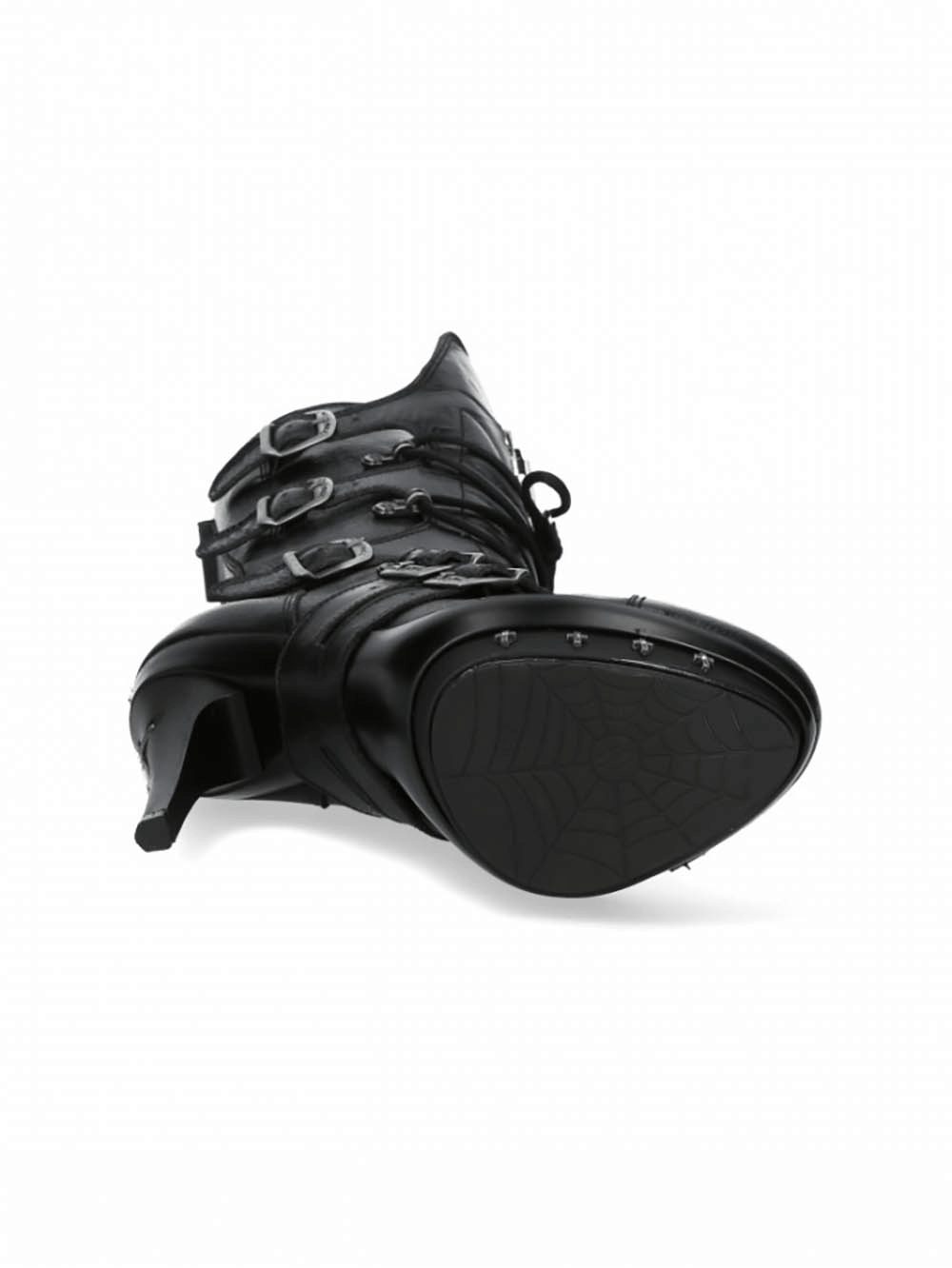 Black Gothic Punk high-heel boots with buckles and lace-up detail, showcasing edgy style and durable sole.