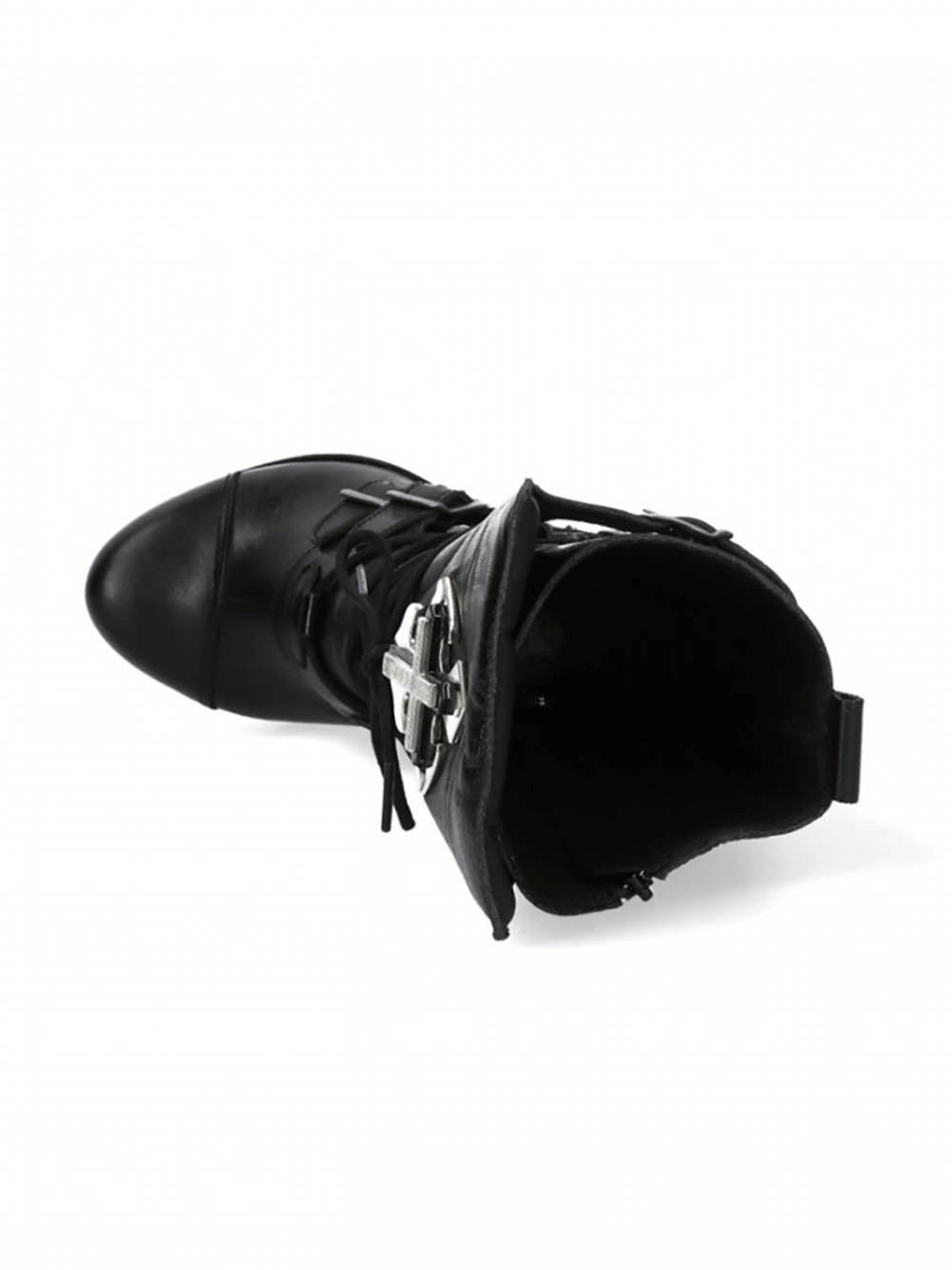 Top view of NEW ROCK Gothic Punk Black High-Heel Buckled Lace-Up Boots showcasing stylish design and buckled detail.