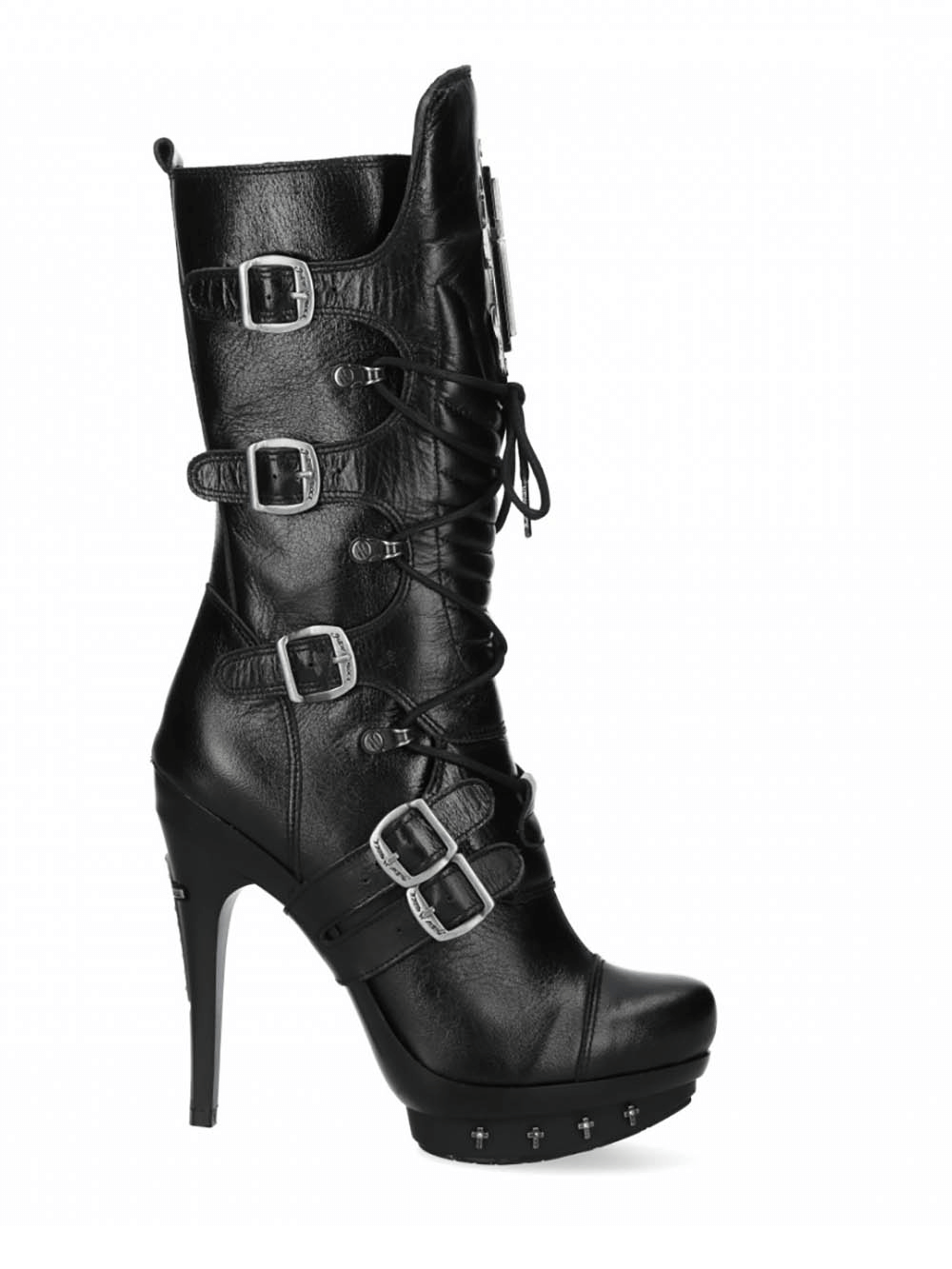 Gothic Punk Black High-Heel Buckled Lace-Up Boots with cross detail and durable sole for edgy fashion lovers.