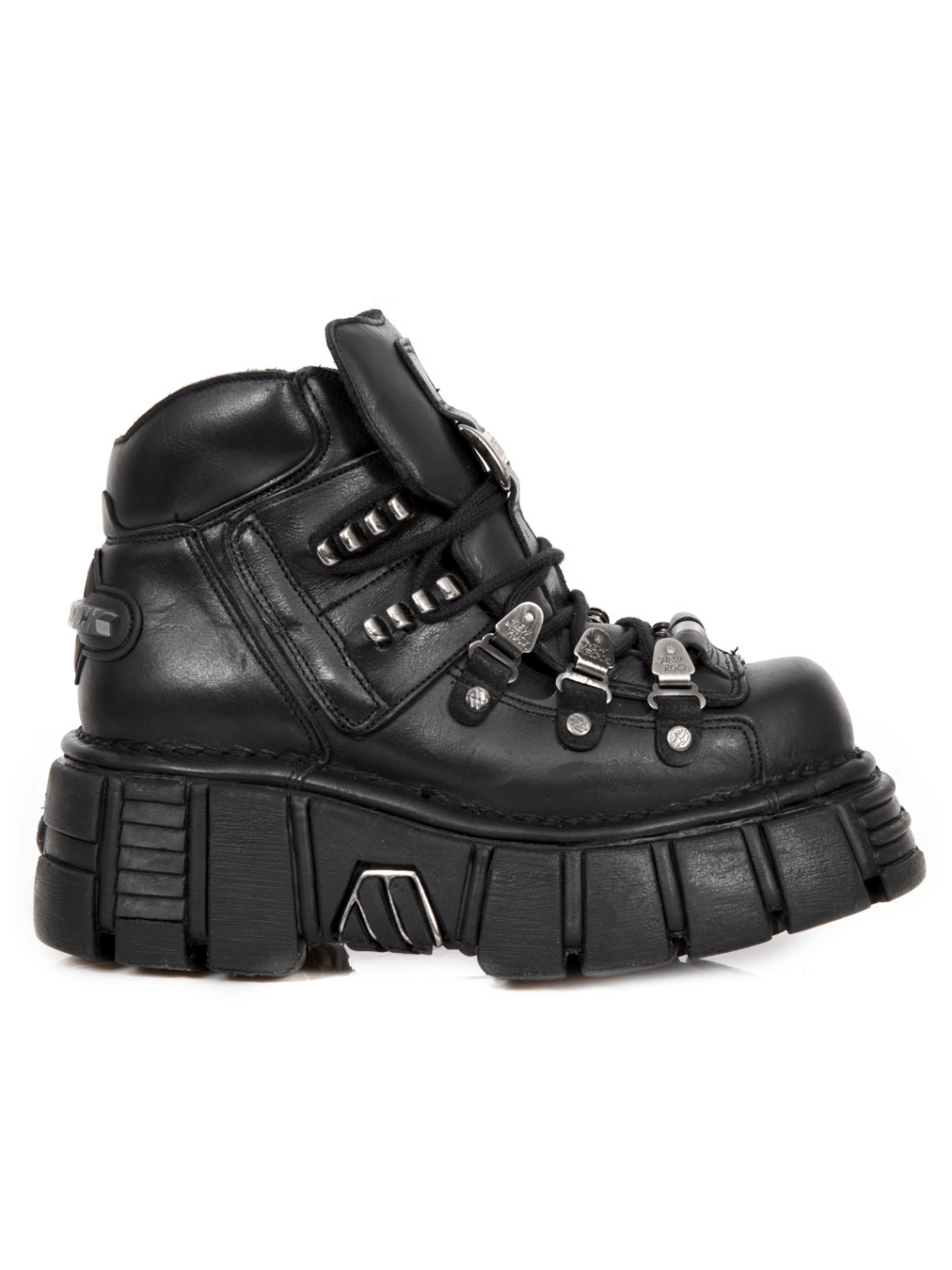 NEW ROCK Gothic punk black platform ankle boots with laces, featuring durable cowhide leather and bold metallic accents.