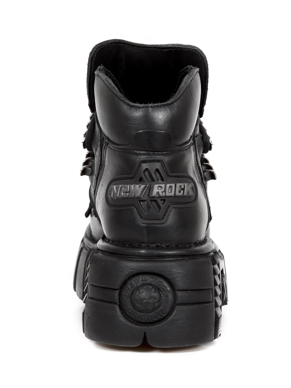 NEW ROCK black platform ankle boots featuring a bold metallic logo and rugged design for gothic punk enthusiasts.