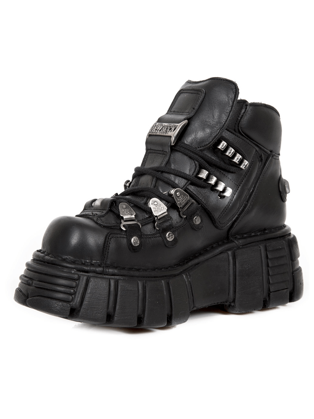 NEW ROCK Gothic punk black platform ankle boots with laces, featuring metal accents and bold design for edgy style.