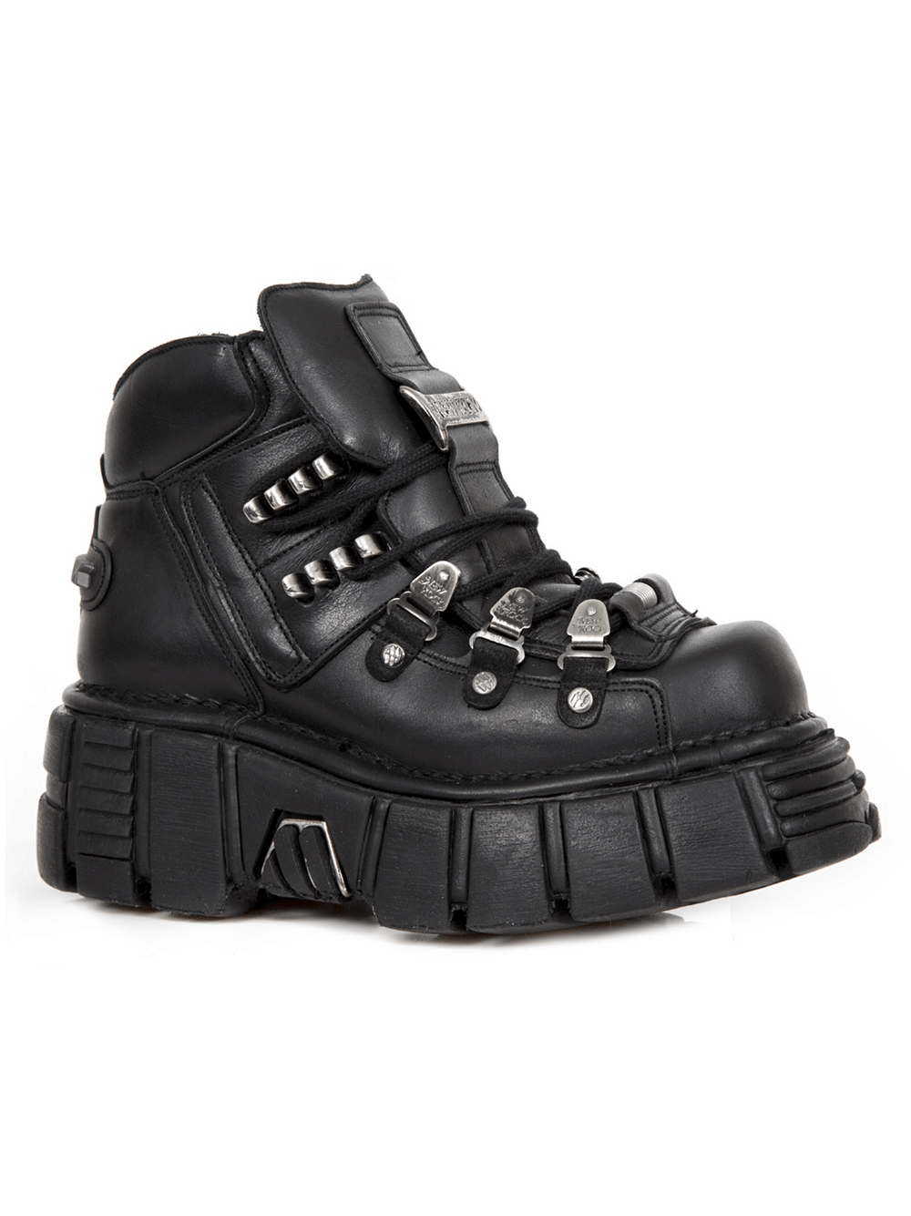 NEW ROCK Gothic Punk Black Platform Ankle Boots with Laces showcasing bold metallic accents and a sturdy design. Perfect for edgy style!