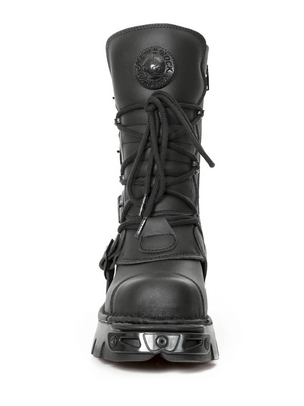 FRONT VIEW of NEW ROCK Gothic Punk Combat Boots showcasing lace-up design and unique buckle detailing.