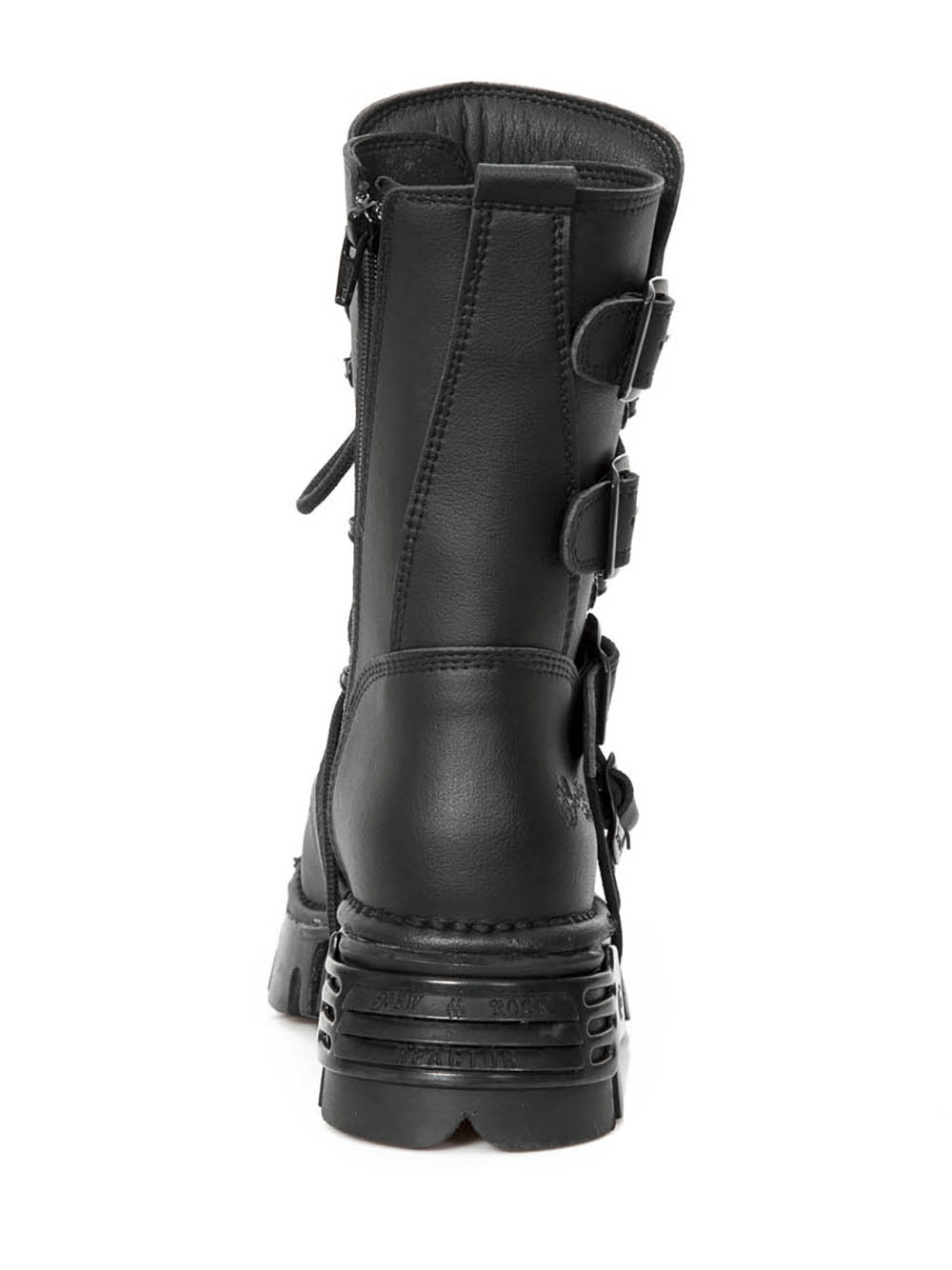 Back view of NEW ROCK Gothic Punk Combat Boots with buckles and zipper, showcasing their edgy design and eco-vegan material.