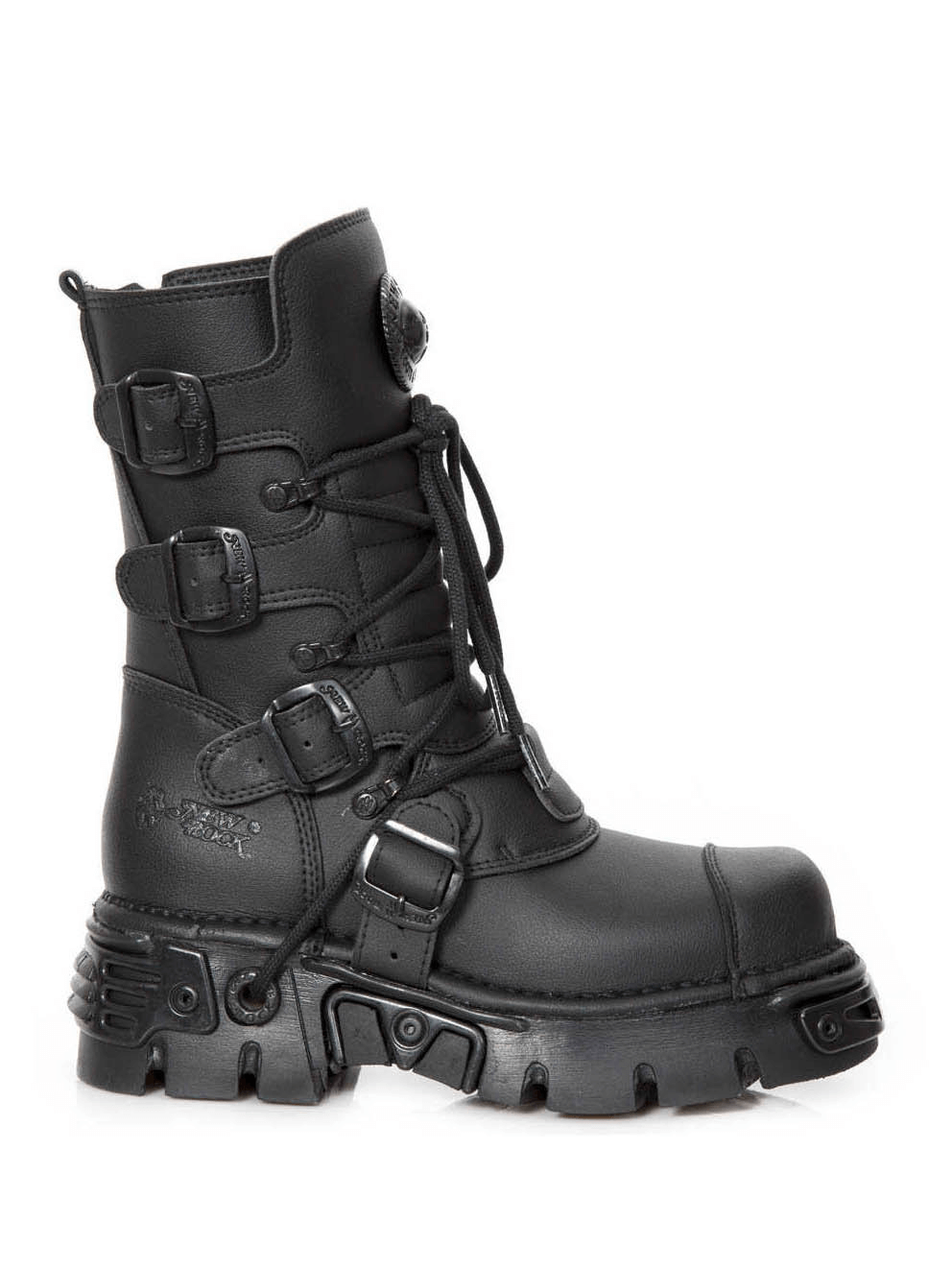 NEW ROCK Gothic Punk Combat Boots with buckles and zipper in sleek black, showcasing heavy rock and military-inspired design.