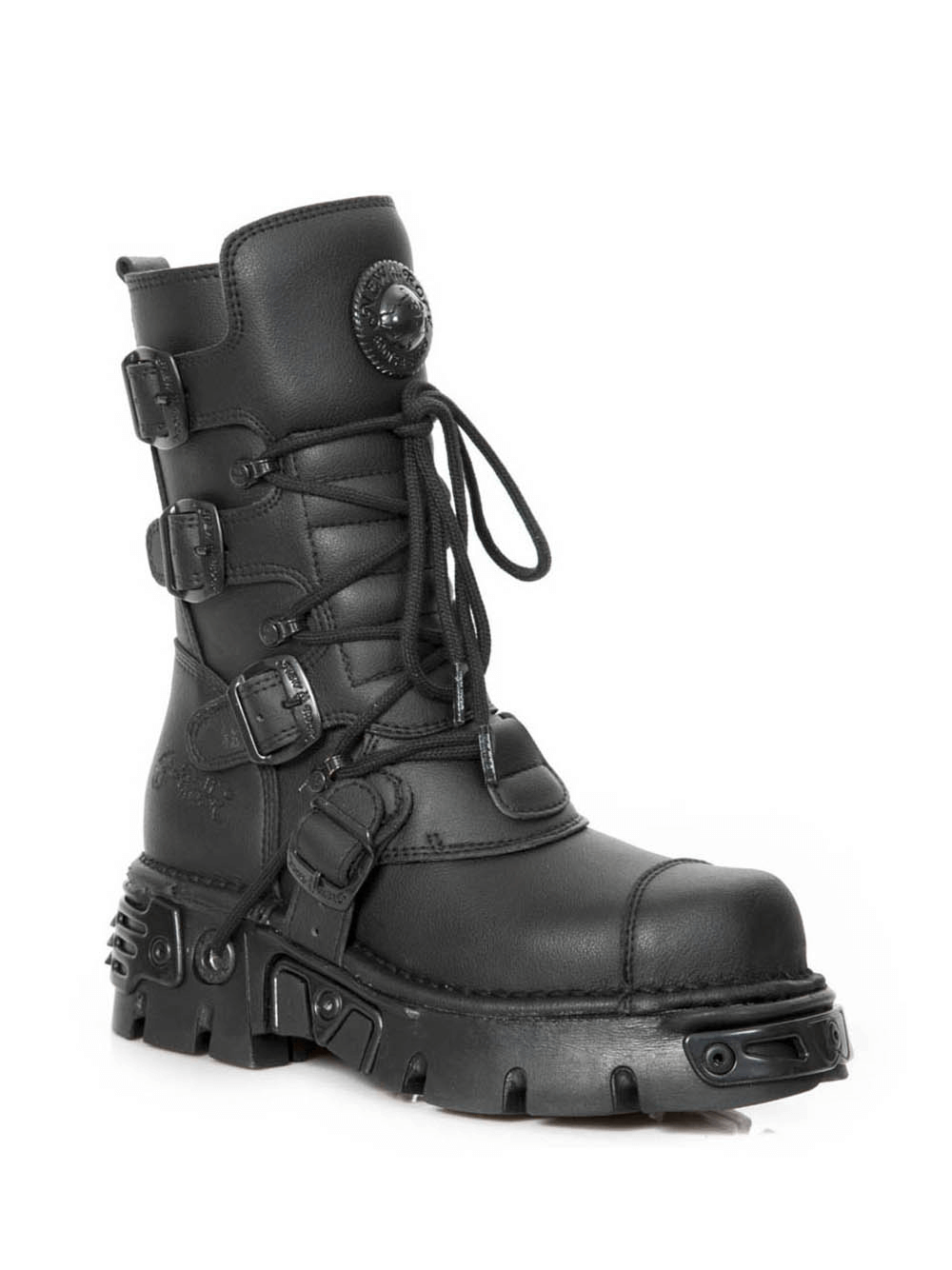 NEW ROCK Gothic Punk Combat Boot with buckles, zipper, and lace-up design in black, showcasing bold military-inspired style.