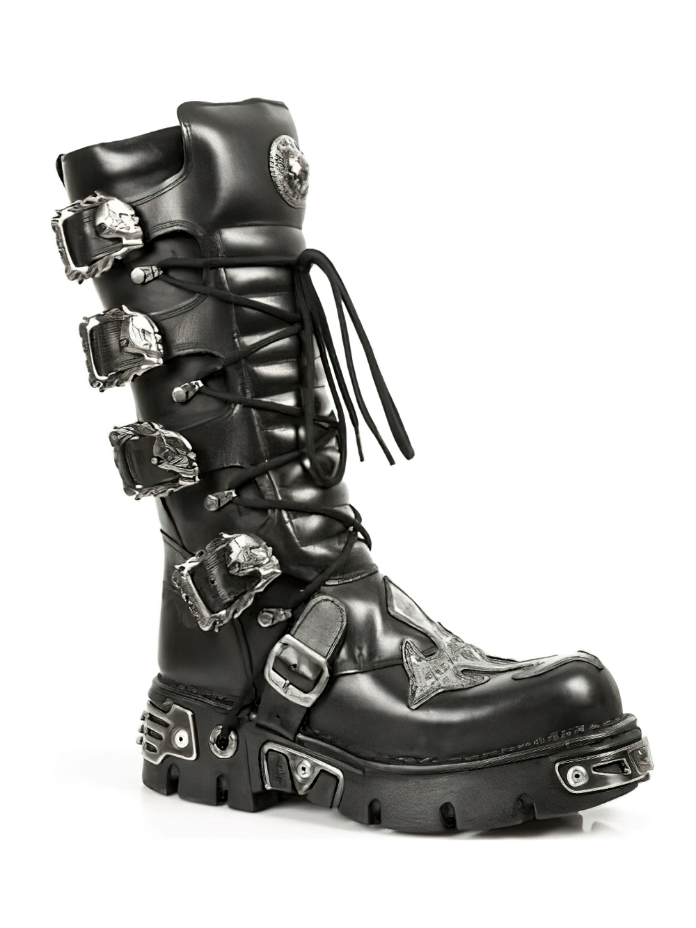 NEW ROCK Gothic Punk High Boots with buckle and lace details, featuring a striking black design and metal accents.