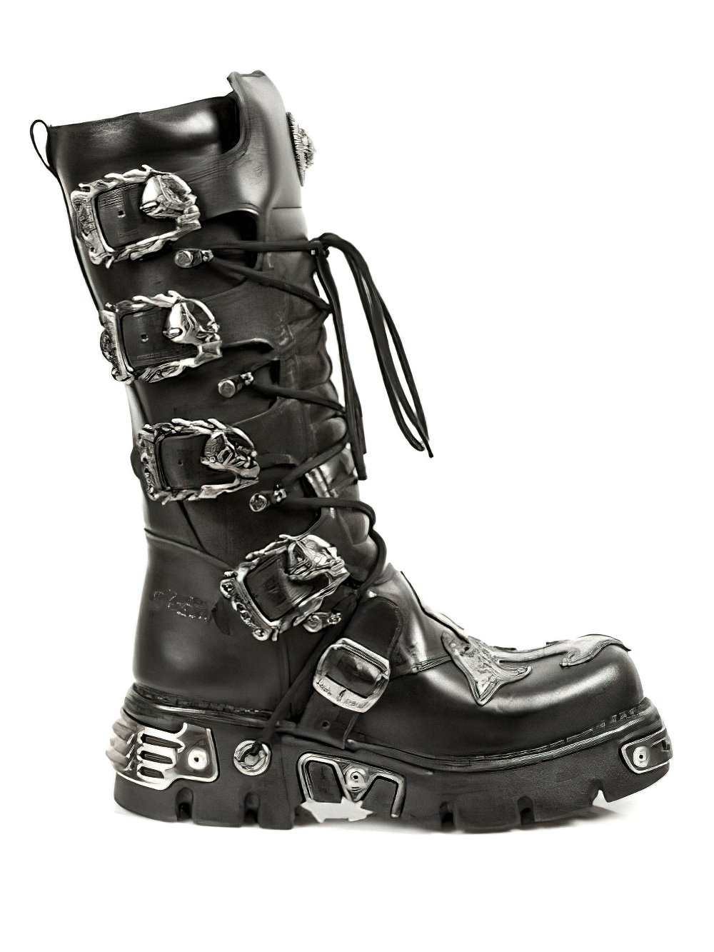 NEW ROCK Gothic Punk High Boots in black with buckle and lace details, featuring a chunky sole and metal accents.