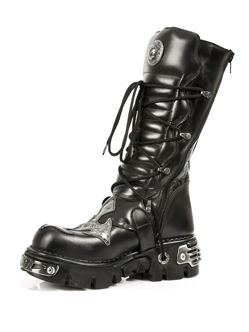 Gothic punk high boot in black leather with buckle and lace details, metal accents, and a rugged sole for bold style.