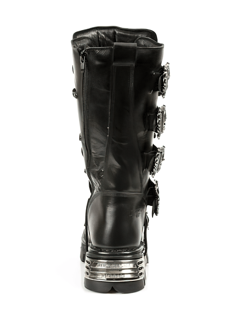 Black Gothic Punk high boots with buckle details and metal accents, showcasing a stylish back view.
