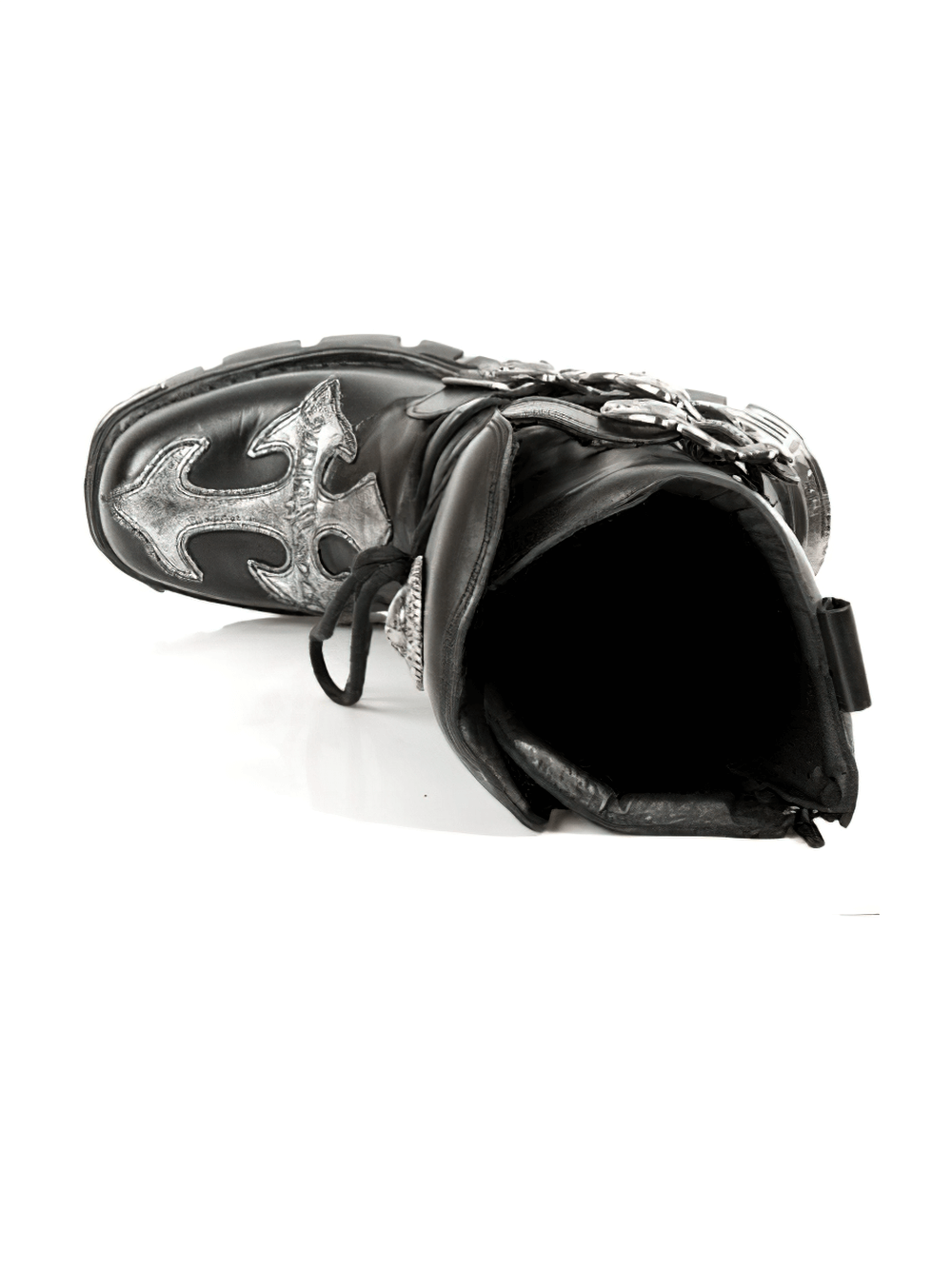 Top view of NEW ROCK Gothic Punk High Boots showcasing intricate buckle and lace details in steel and black finish.