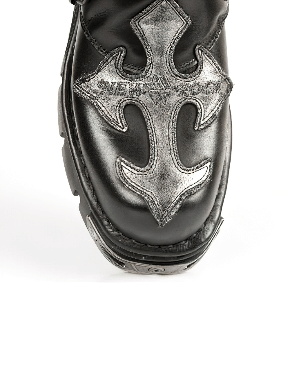 Close-up of Gothic Punk high boot with silver cross design and metal accents, showcasing bold style and edgy craftsmanship.