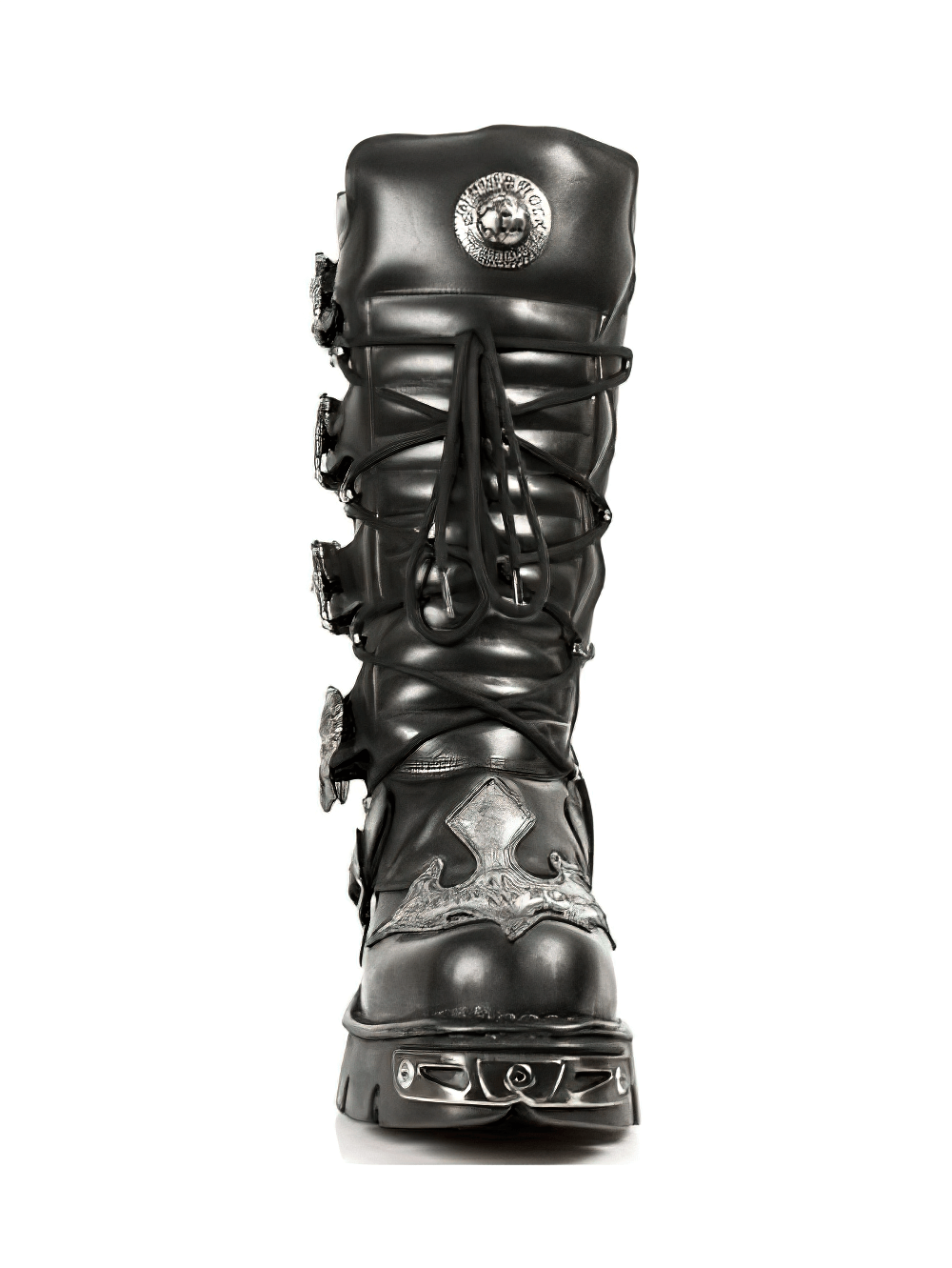 NEW ROCK Gothic Punk High Boots in black with buckle and lace details, featuring metal accents and a bold design.