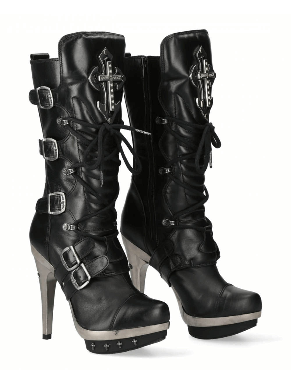 NEW ROCK Gothic Punk Black Leather Buckle Boots with high heels and lace-up design for a bold edgy look.