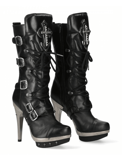 NEW ROCK Gothic Punk High Heel Black Leather Buckle Boots