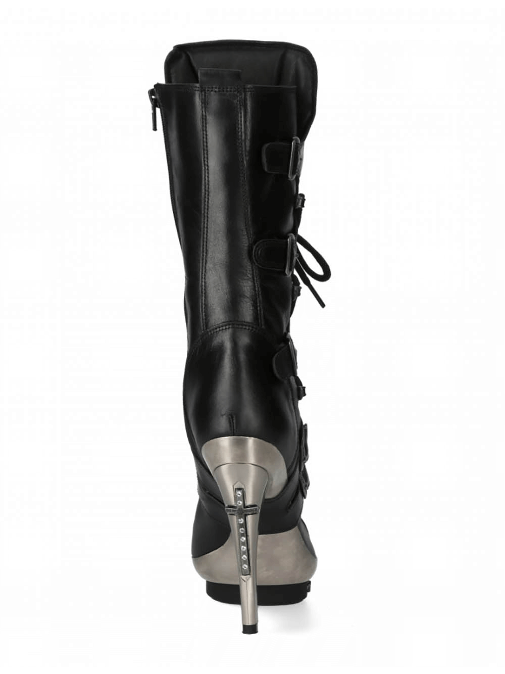 Back view of NEW ROCK Gothic Punk black leather buckle boots with high heels and lace-up design.