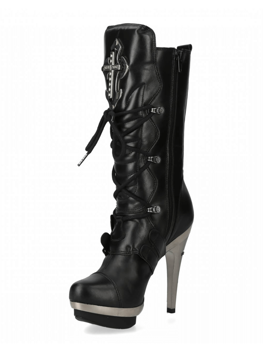 NEW ROCK Gothic Punk High Heel Black Leather Buckle Boots with cross design and lace-up detail.