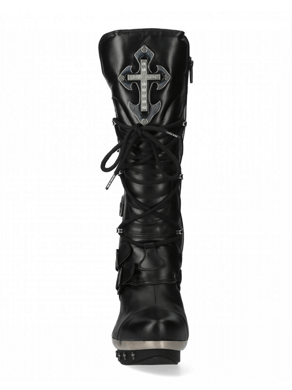 NEW ROCK Gothic Punk High Heel Black Leather Boots with buckle and cross detail.