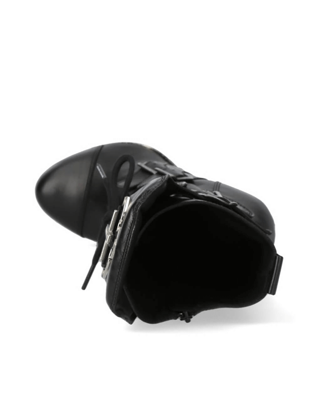 NEW ROCK Gothic Punk High Heel Black Leather Buckle Boot top view, showcasing lace-up and buckle details.