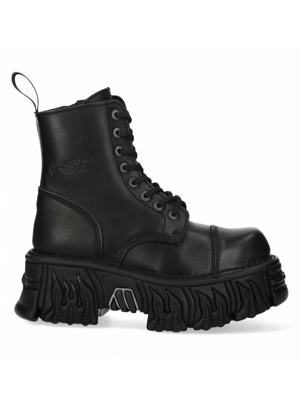 NEW ROCK Gothic Punk Military Ankle Boots with Platform Sole in black with laces and edgy design.