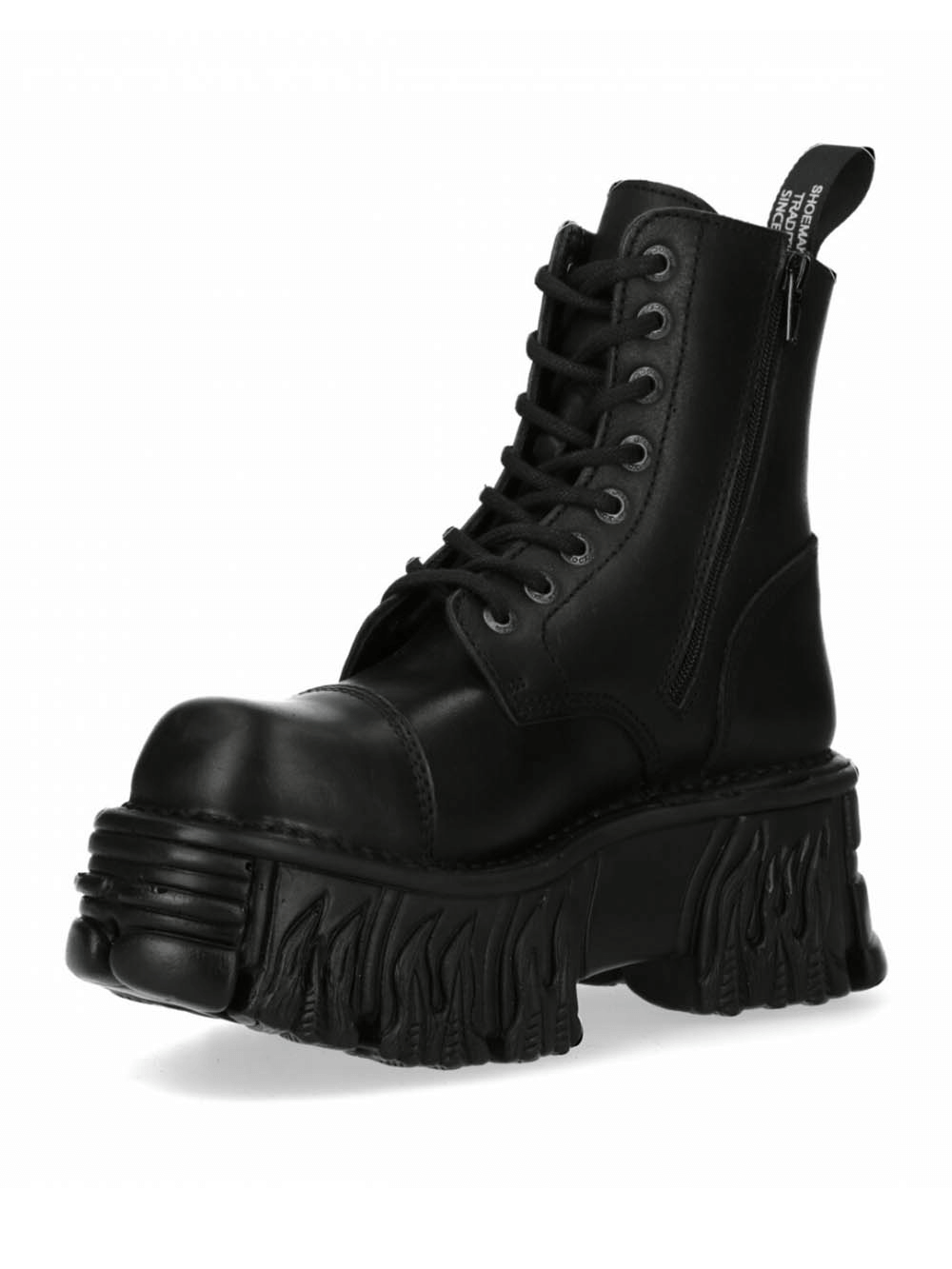 Edgy black Gothic Punk Military ankle boots with platform sole, featuring laces and zipper for bold style.