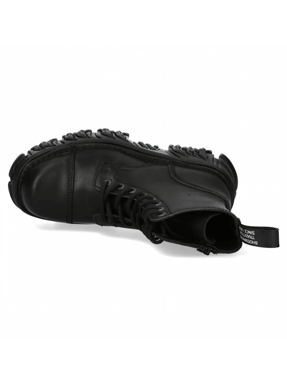 Gothic punk military ankle boots with platform sole, featuring laces and a side zipper in classic black leather.