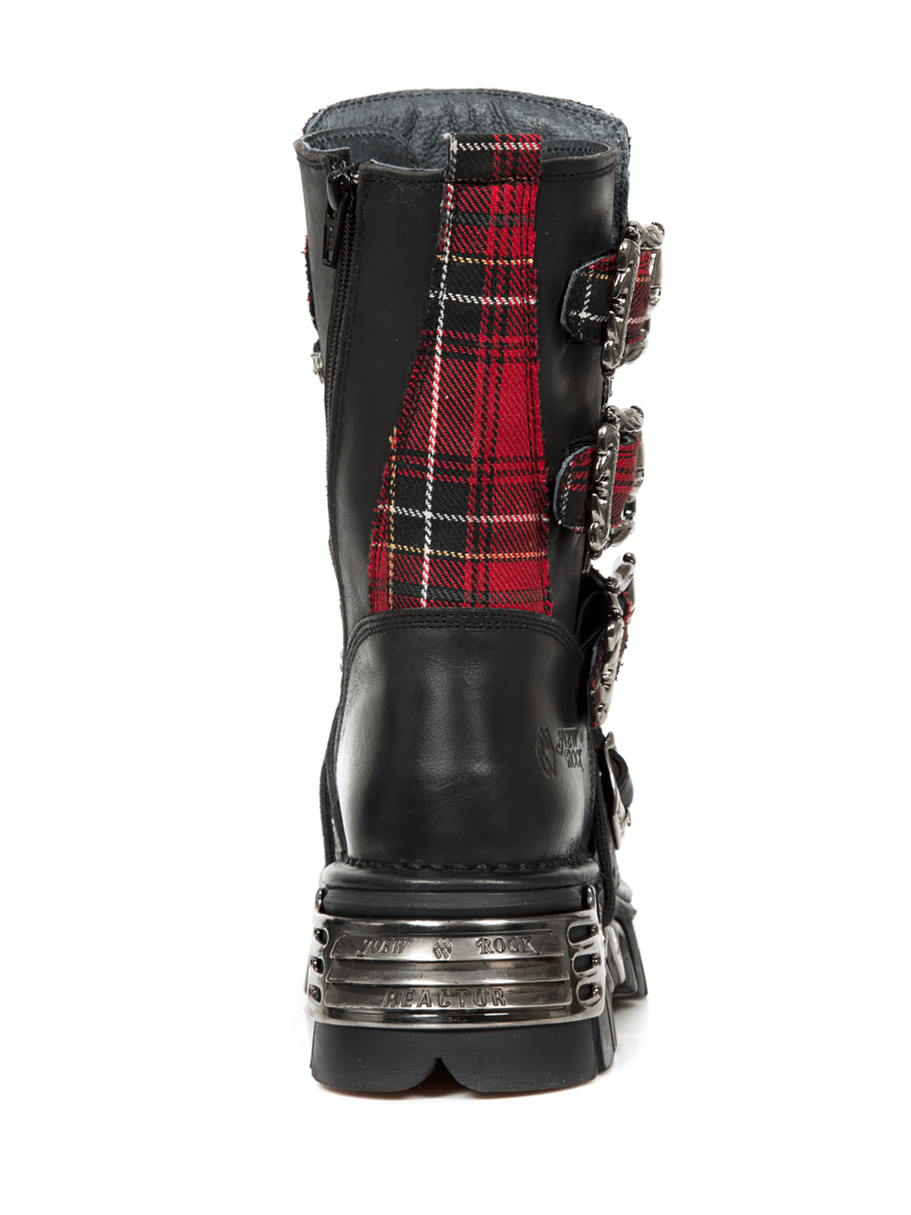 Back view of NEW ROCK Men's Gothic Punk Red Plaid Boots with buckles and metal accents for edgy style.