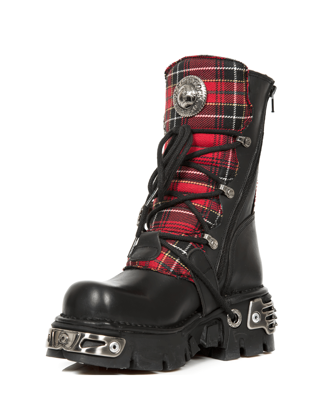 NEW ROCK Men's Gothic Punk Red Plaid Boots with Metal Accents and Buckles for bold style.