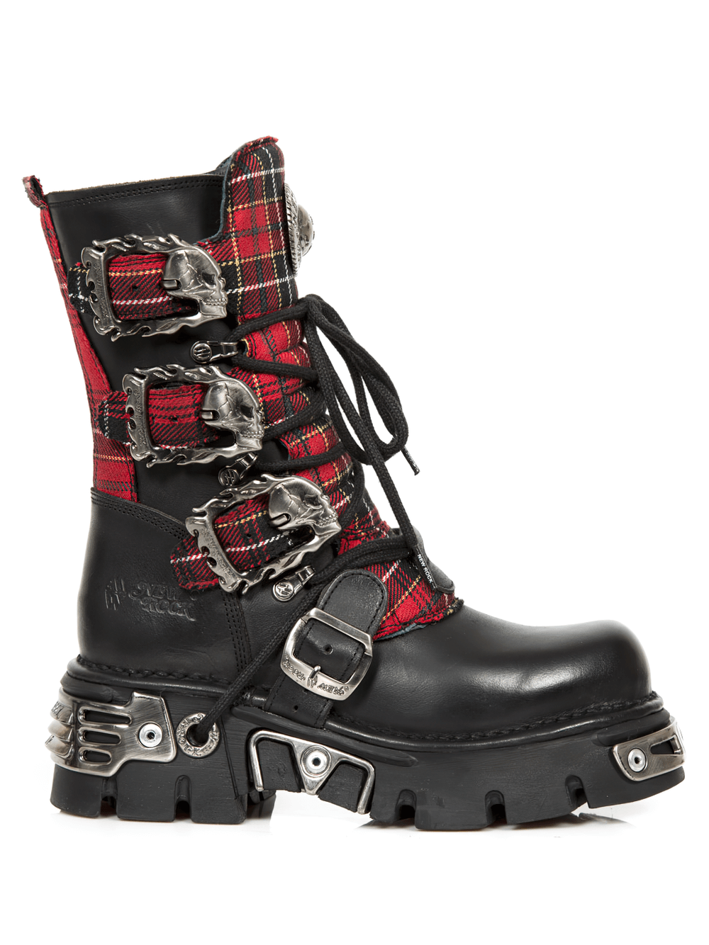NEW ROCK Gothic Red Plaid Boots with Metal Accents and Buckles, punk rock style footwear for edgy fashion.