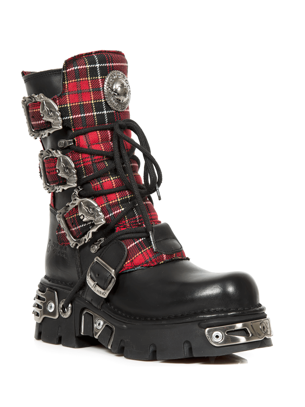 NEW ROCK Red Plaid Gothic Punk Boots with metal accents, buckles, and a sturdy design for edgy style.