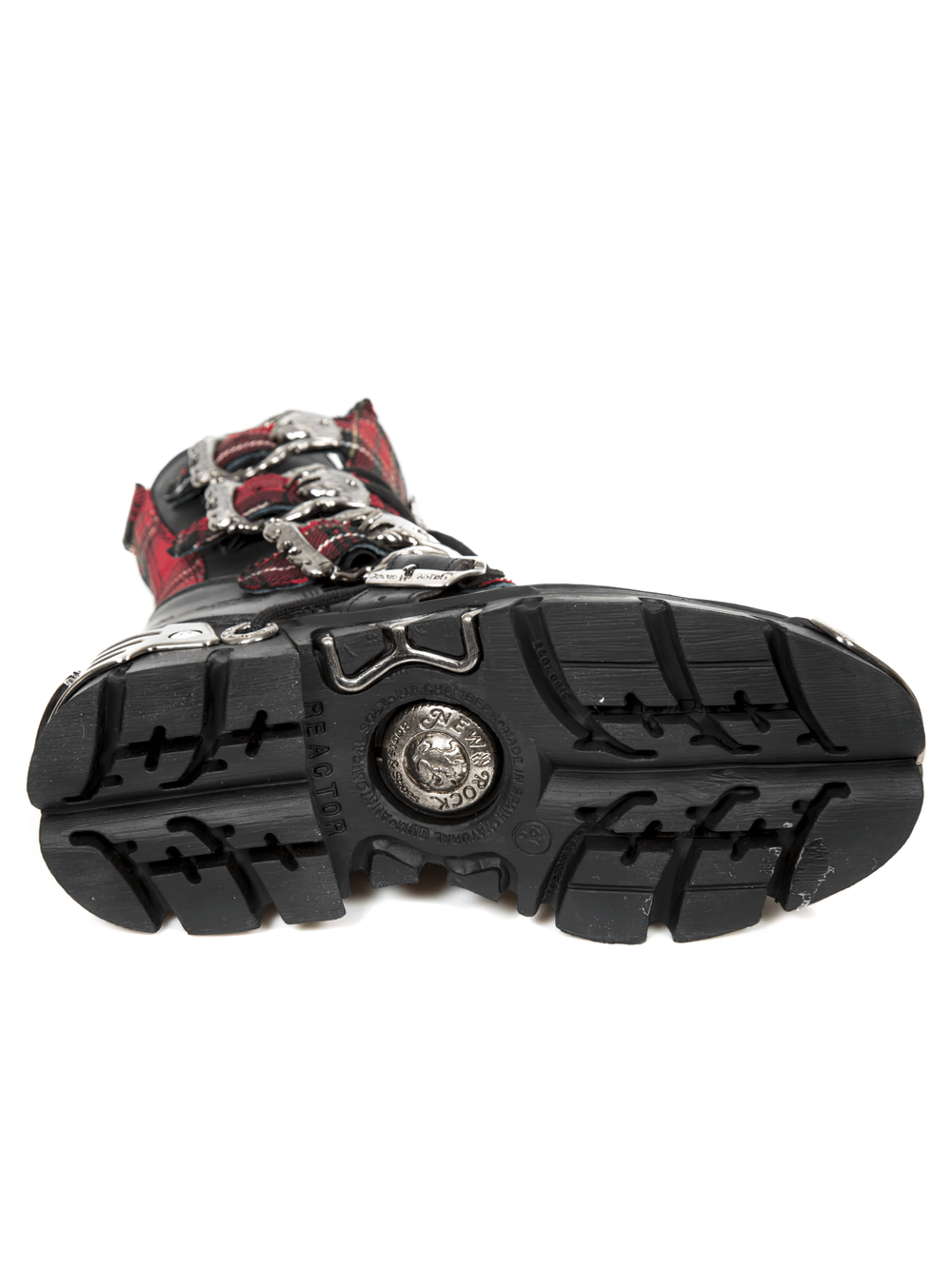 Bottom view of NEW ROCK Men's Gothic Punk Red Plaid Boots showcasing durable rubber sole and metal accents.