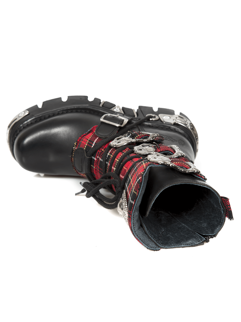 NEW ROCK Men's Gothic Punk Red Plaid Boots featuring buckles and metal accents, perfect for edgy style.