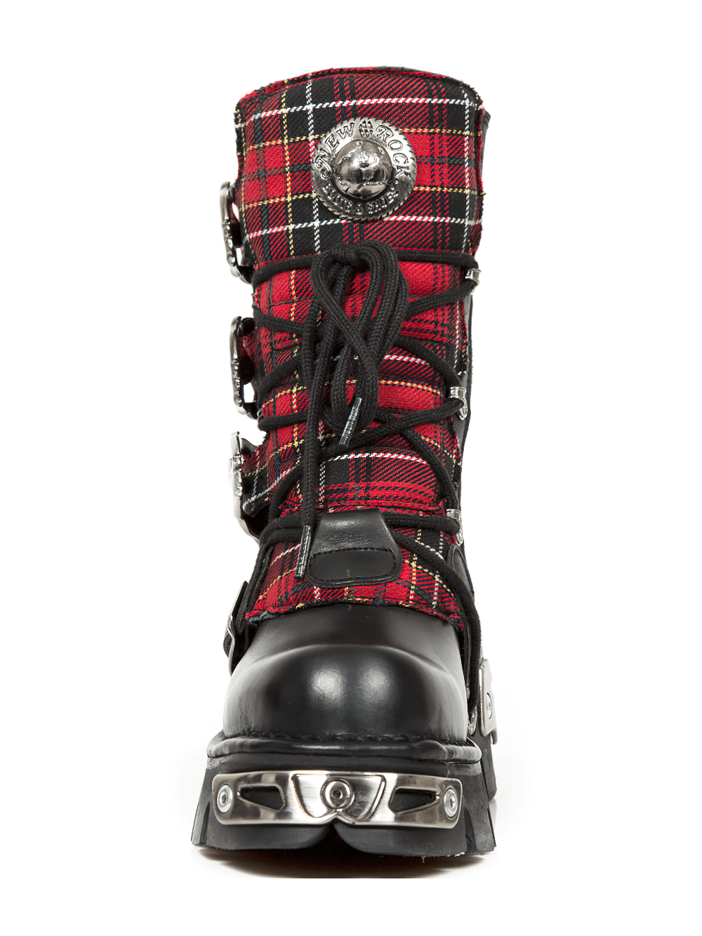 NEW ROCK Men's Gothic Punk Red Plaid Boots with Metal Accents and Buckles, perfect for edgy style.