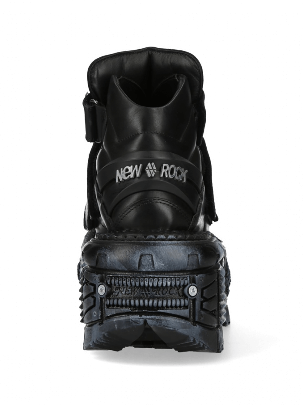 Back view of NEW ROCK Gothic Punk Platform Ankle Boots with Velcro straps in black leather, showcasing heavy rock style.