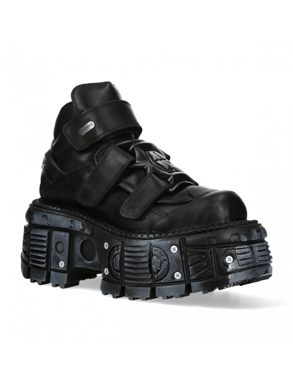 NEW ROCK Gothic Punk Platform Ankle Boots with Velcro straps, black cowhide leather and chunky sole for bold style.