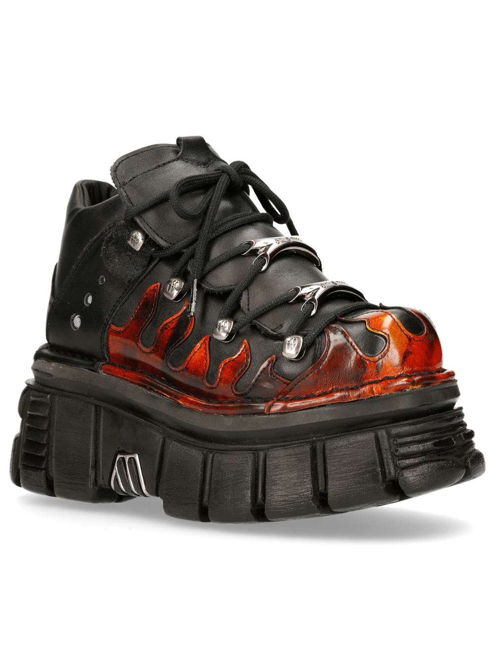 NEW ROCK Gothic Punk Platform Boots with red flame design on bold black leather, showcasing unique and edgy style.