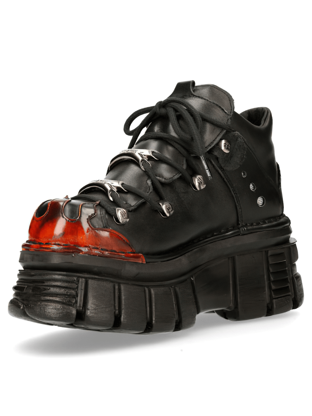 NEW ROCK Gothic Punk Platform Boots with bold red flame design on black leather for fierce fashion statement.