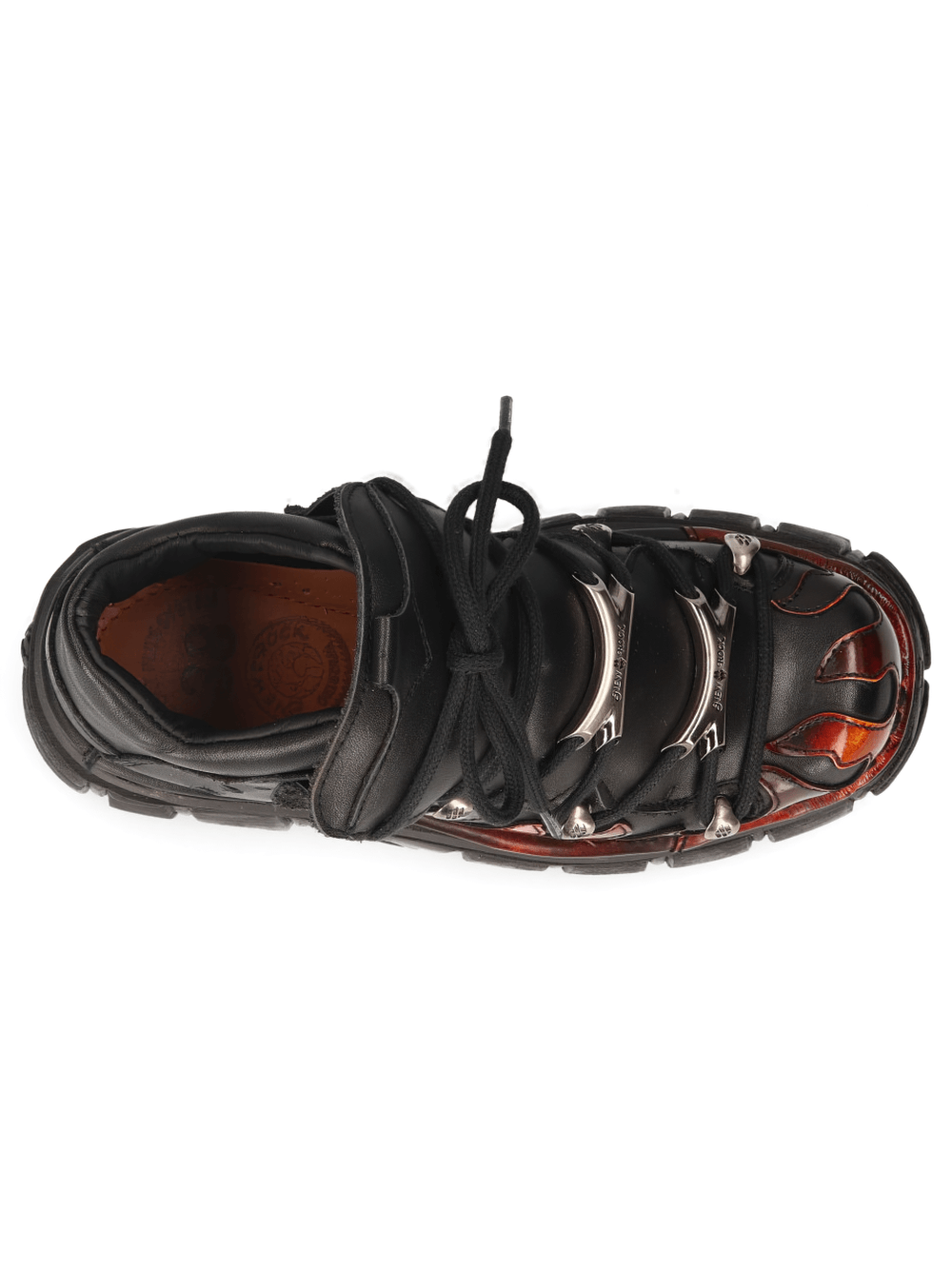 Top view of NEW ROCK Gothic Punk Platform Boots with flame design, showcasing bold black leather and dynamic red accents.