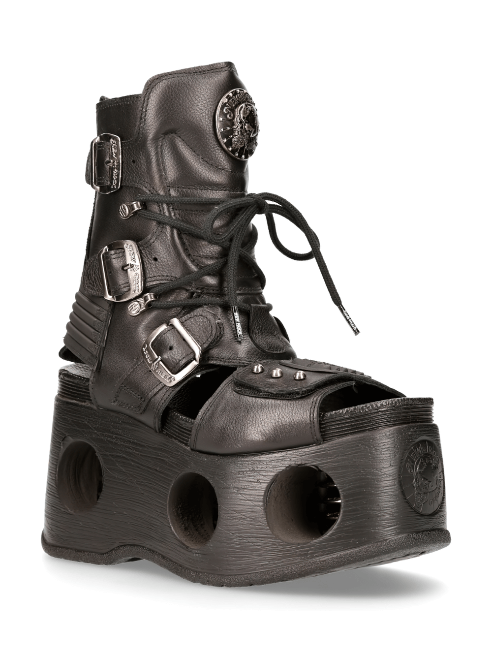 NEW ROCK Gothic Punk platform boots with metal accents and unique hollowed-out sole for edgy alternative fashion.