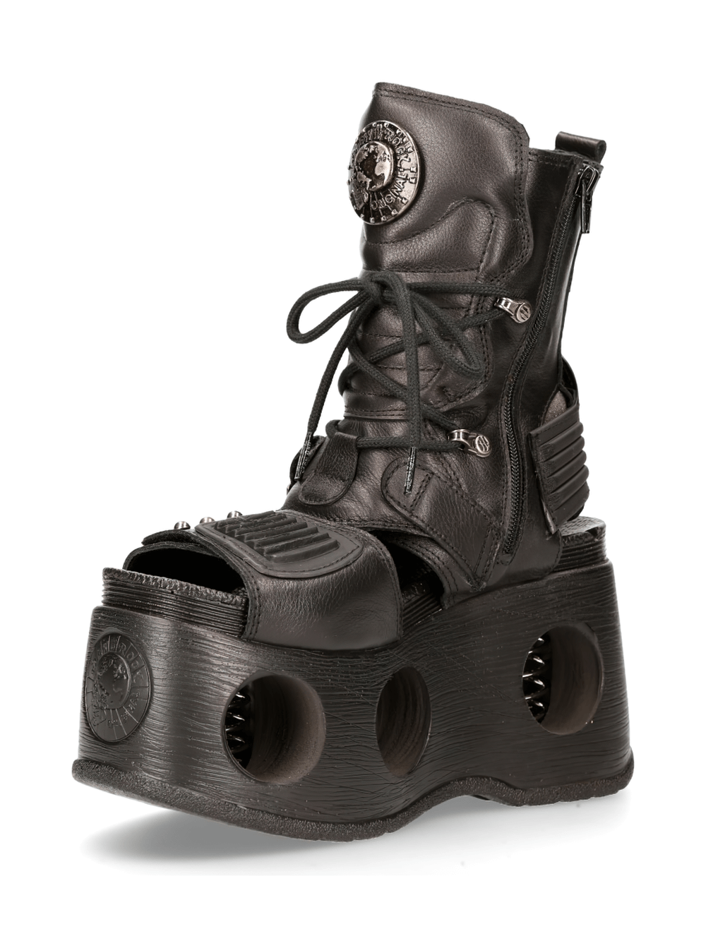 NEW ROCK Gothic Punk platform boots with metal accents and unique hollowed-out sole in black leather.