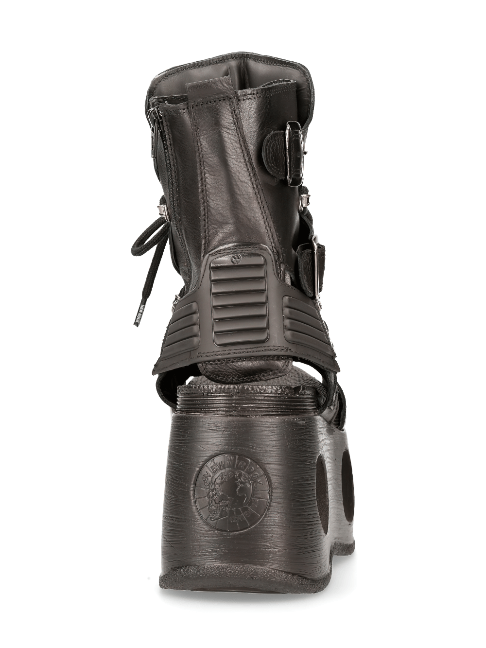 NEW ROCK Gothic Punk platform boots showcasing metal accents, zipper, and hollowed-out sole from the back view.