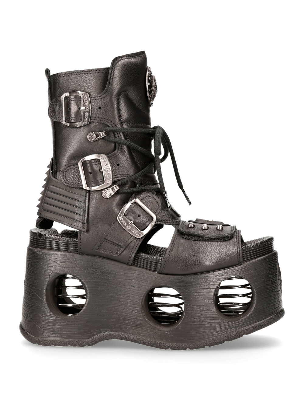 NEW ROCK Gothic Punk platform boots with metal accents, featuring a unique hollowed-out sole and buckled design.