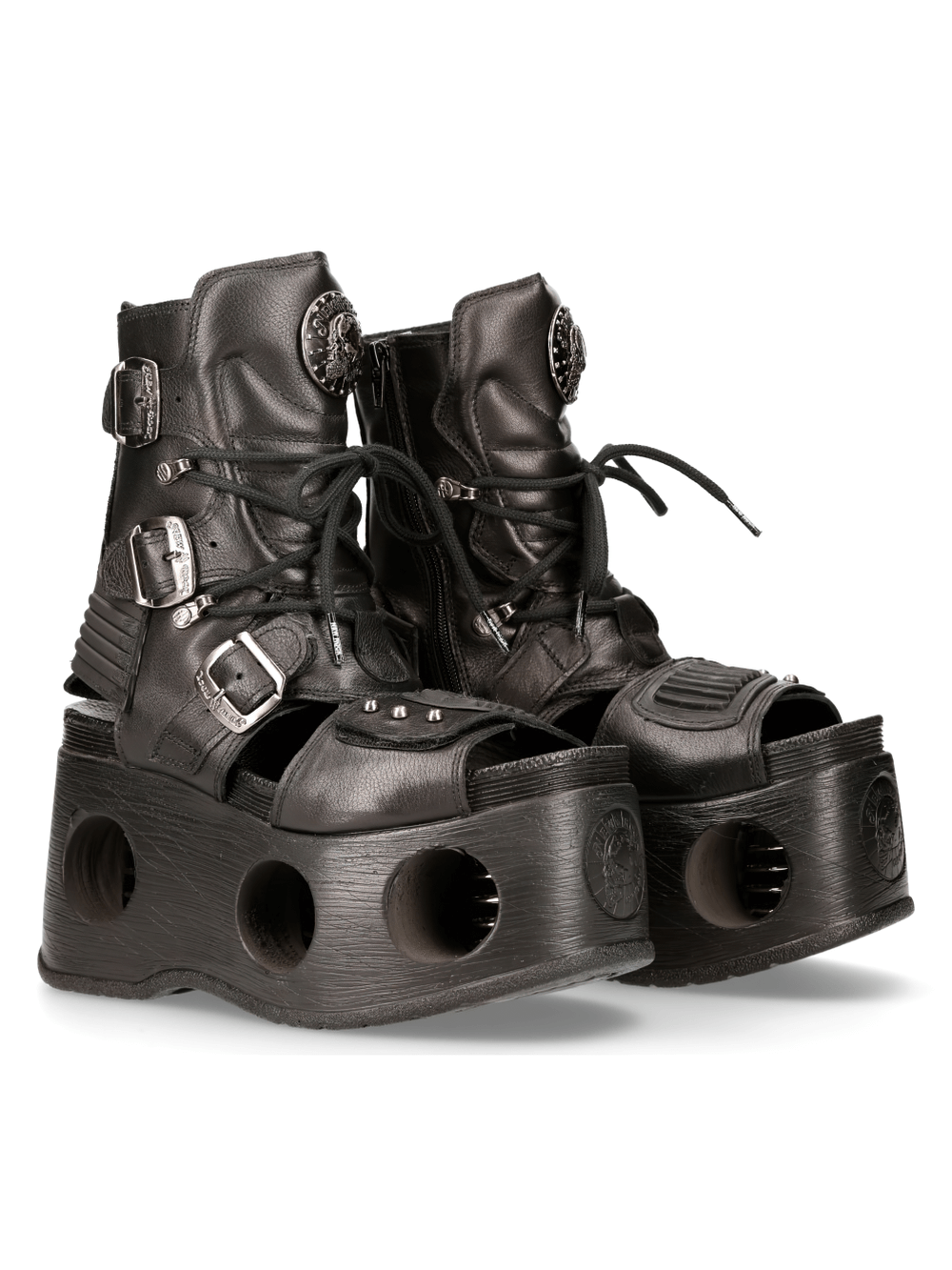 NEW ROCK Gothic Punk platform boots with metal accents, featuring zippers, buckles, and unique hollowed-out sole.